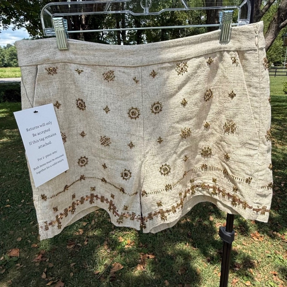 Endless Rose Beaded Linen Blend Shorts Beige Gold Sequin Boho CK1118P Womens L